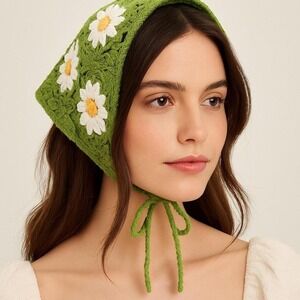 Green Crochet Triangle Headscarf Dainty Daisy Floral Knit Bandana Adjustable Tie